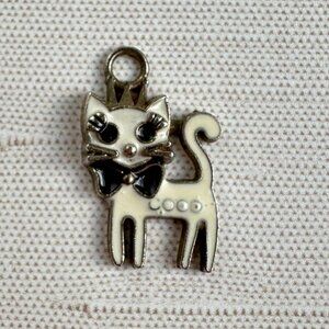 Cute Cat Charm Pendant With Black Bow Tie & Crown Accent Enamel Finish 1" x .75"